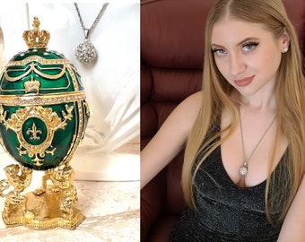 Stunning Faberge Egg Green Handmade Gift for her - Home Decor Gift for women - Faberge Egg Trinket Fabergé egg Unique Jewelry Box Bday Gifts
