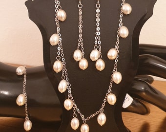 Pearl Set Solid Sterling silver 925 Yoshika Original Pearls White Gold Rhodium Plated  HAND MADE SET Necklace Earrings & Bracelet