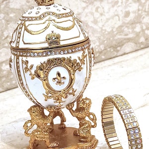 IMPERIAL White Faberge Egg style 24K Lion 4ct Faberge Trinket box 200 SWAROVSKI Diam & Bracelet 2ct/Faberge Egg Ornament Faberge Jewelry Box
