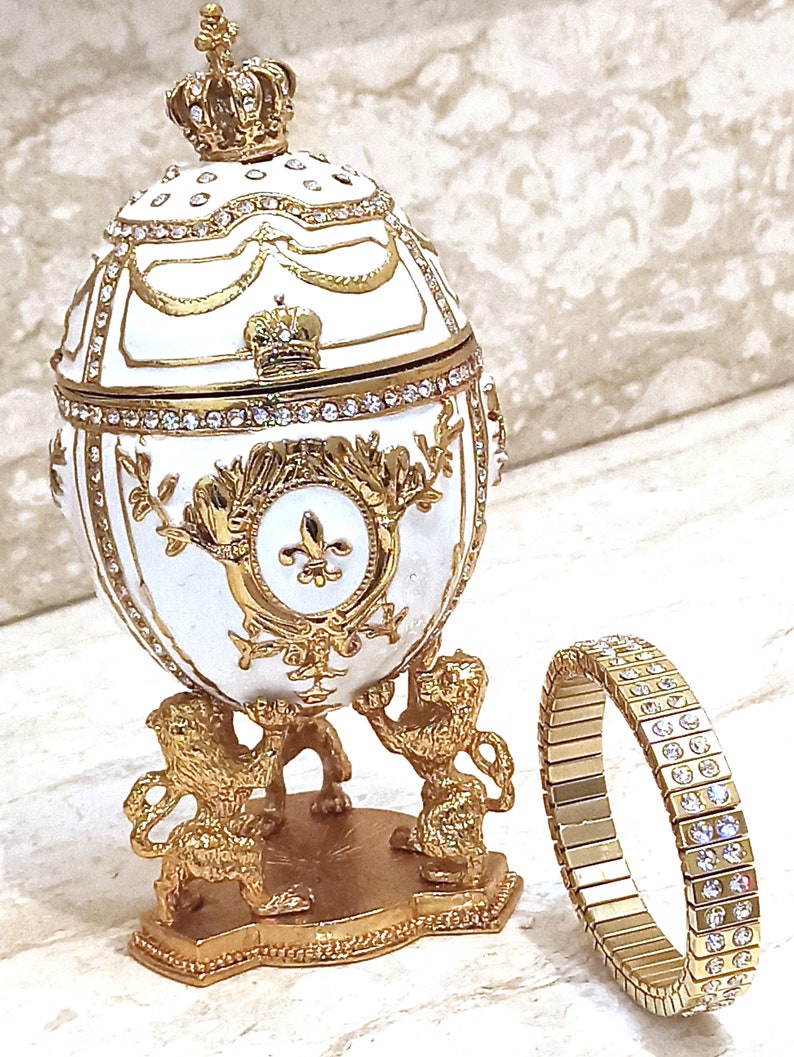 IMPERIAL White Faberge Egg style 24K Lion 4ct Faberge Trinket box 200 SWAROVSKI Diam & Bracelet 2ct/Faberge Egg Ornament Faberge Jewelry Box image 1