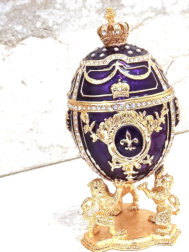 Royal Purple Fabergé Egg style 24KGOLD 4ct Collectors Egg Fabrege Jewelry Box Faberge Egg Trinket Box HAND Decorated with 200 Austrian Crys image 2
