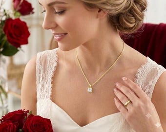 Collana con diamante quadrato in oro giallo massiccio 18 carati, collana con diamante solitario, ciondolo con diamante quadrato, catena a corda in oro massiccio 18 carati da 1,5 carati