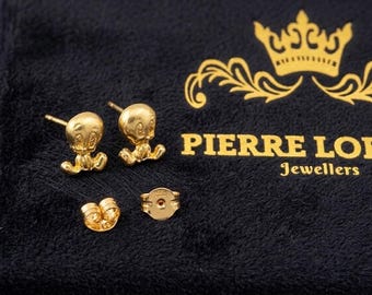 2000 Vintage Warner Bros Tweety Solid 18K Yellow Gold Stud Earrings Fine Jewelry  7mm x 12mm