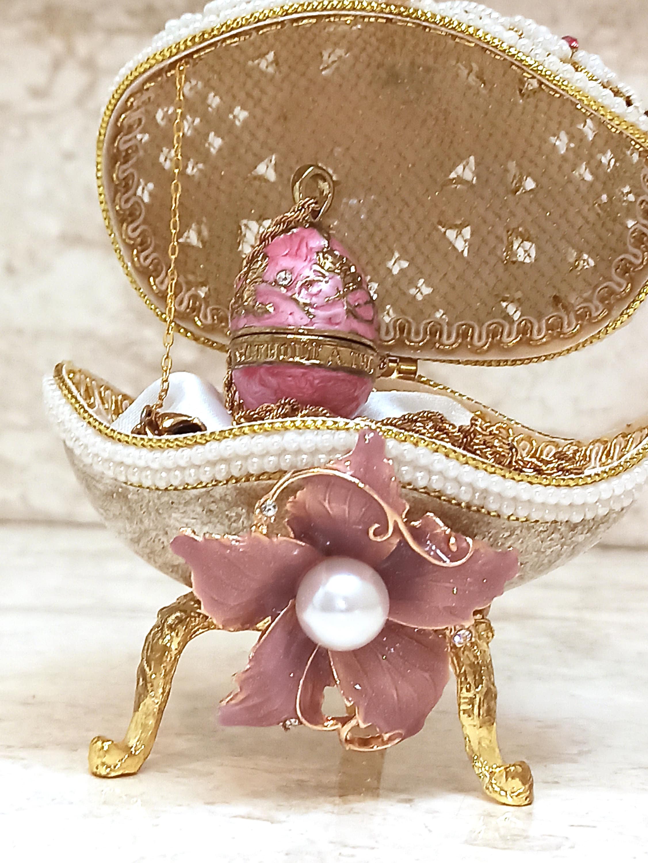 UNIQUE Pink Pearl Jewelry Faberge Style Egg, New Mom Gift Box,24k