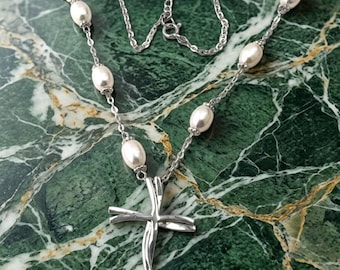 Handmade Cross Natural Pearl Cross Pendant Necklace Christian Crucifix Cross for Baptism Christening Confirmation 18kt White GOLD Vermel