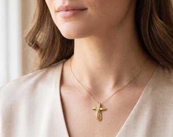 Croce in oro massiccio 18 carati, ciondolo a croce con diamanti naturali, collana con croce di diamanti, regalo cristiano per la festa della mamma, crocifisso per la mamma, croce per le donne