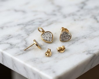Pierre Lorren Heart Diamond Pendant Stud Earrings SET 18k Solid Yellow Gold Heart Shaped Diamond Handmade Love Diamond Fine Jewelry