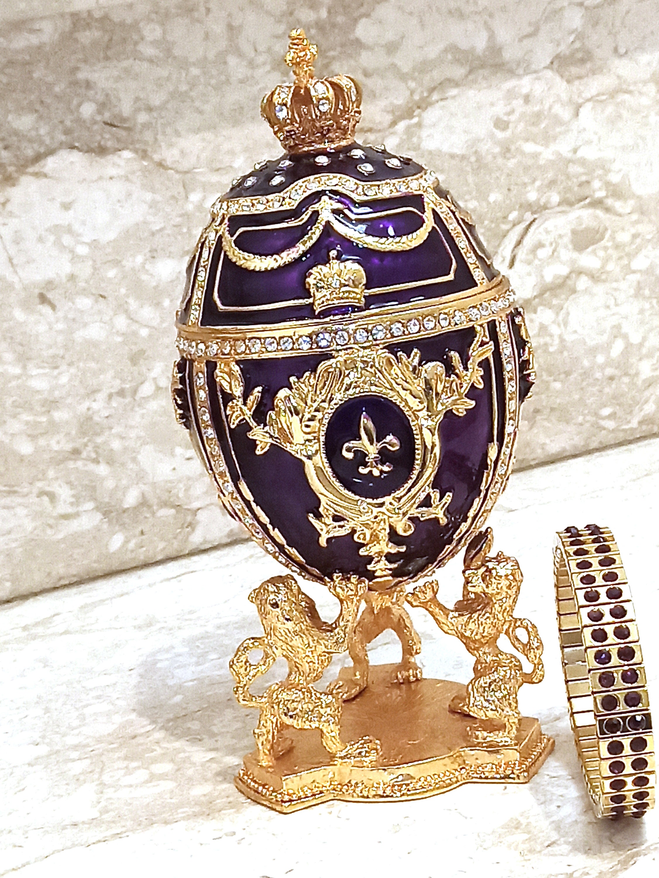 Faberge egg Musical Trinket Box present for women birthday 24k Gold & Bracelet 