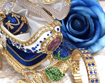 Huevo de Fabergé azul estilo ONE of a KIND Regalo de boda de lujo, 430 zafiros y diamantes Huevo tallado a mano natural 24k Regalo de boda para hija de mamá