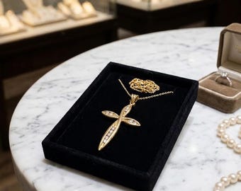 Ciondolo a croce con diamanti naturali in oro massiccio 18 carati, collana con croce di diamanti, regalo per padre cristiano, crocifisso per uomo, croce per figlio, laurea.