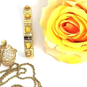 Luxurious Peach FABERGE Necklace Designer Art Deco Faberge Egg Pendant + Citrine Bracelet, 24k GOLD ,23.5 inch Chain, Egg Jewelry for women