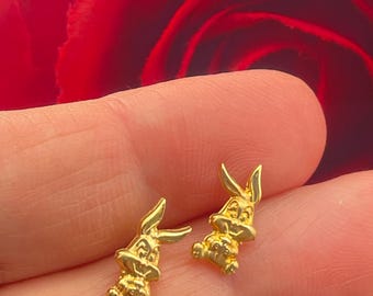 Solid 18K Gold Warner Brothers Bugs Bunny Stud Earrings Walt Disney-Vintage 2000 Handmade