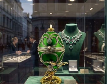 Portagioie vintage a forma di uovo Fabergé con uccellino e collana Fabergé. Uovo naturale intagliato a mano in oro puro Swarovski. Regalo per la moglie per l'anniversario di nozze del 1980.