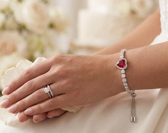 Bracciale con cuore di rubino naturale certificato da 4,5 carati, bracciale con rubino a taglio cuore e diamanti, gioielli pregiati, regalo per il 40° anniversario di matrimonio di rubino per la moglie, fatto a mano.