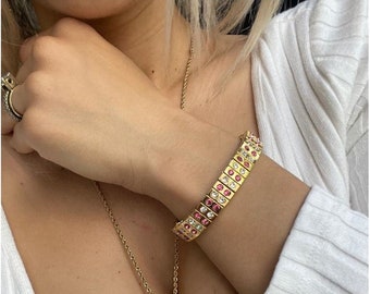 24k, Oktober Birthstone, Roze Toermalijn Armband, Edelsteen Armband, Toermalijn Sieraden, Birthstone Armband, Sierlijke armband, Cadeau voor haar