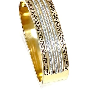 Pulsera de 16 mm, joyería griega, pulsera de oro amarillo de 18 quilates, brazalete infinito, joyería de llave griega antigua, pulsera de meandro, regalo de aniversario