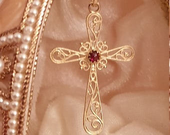 18kt Filigree Baptism Cross pendant charm SOLID GOLD Garnet/Religious Cross Charm First Communion Gift Girl 18kt gold Christian Gift HANDMDE