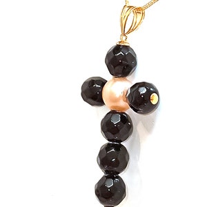 ONE Of a Kind Cross, Handmade Cross,Christian Pendant,SOLID 18k Gold AKOYA,Pearl Cross,Onyx Gem,Crucifix,18kt Gold bail & tips,Christ Gift