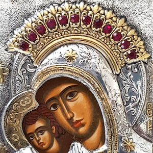 Mother and Child ICON ORTHODOX  Our Lady Of Kykkos Solid silver 925 Handmade Masterpiece 12 Rubies 24kt GOLD set Holy Crown Handmade