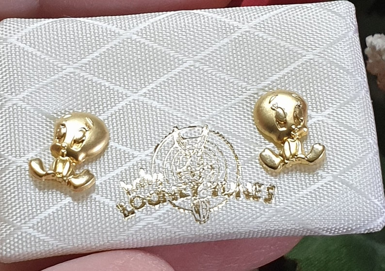 Girls Earrings 18k Solid GOLD Tweety Warner Bros ORIGINAL / Etsy