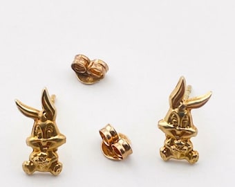 2000 Vintage Warner Bros Bugs Bunny Solid 18K Yellow Gold Stud Earrings Fine Jewelry  6mm x 12mm