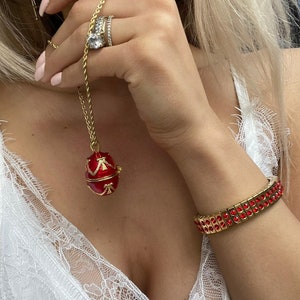 Designer Ruby, conjunto de pulseira de colar de ovo Fabergé vermelho, OURO 24k, joias feitas à mão, estilo ovo Fabergé, noivo de aniversário, presente de aniversário para esposa