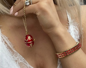 Designer Ruby,Red Faberge egg Necklace Bracelet Set, 24k GOLD,HANDMADE Jewelry,Faberge Egg style ,Birthday Fiance,Anniversary gift for wife