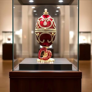 May include: A red, egg-shaped ornament with gold detailing and jewel embellishments, presented in a glass display case. The ornament rests on a heart-shaped base, also decorated with jewels. The display case is on a dark wood stand.