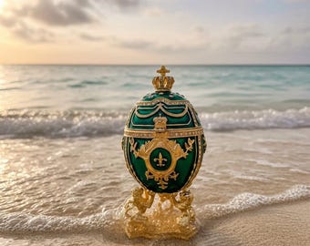 May include: A decorative, jewel-toned green egg-shaped object with gold accents, a crown, and a fleur-de-lis design. The egg sits on a gold stand with ornate detailing. The background features a beach and ocean.