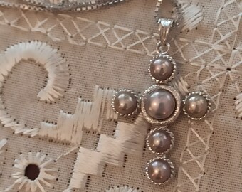 SILVER PEARL Pendant Cross for Women/Grey Pearl Jewelry Christian Gift for her/Real Pearl Necklace Cross on Chain Solid Sterling Silver HMDE