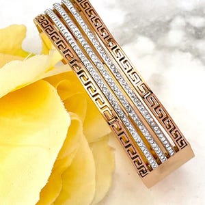 Pulsera de 16 mm, joyería griega, pulsera de oro rosa de 18 quilates, brazalete infinito, joyería de llave griega antigua, pulsera de meandro, regalo de aniversario