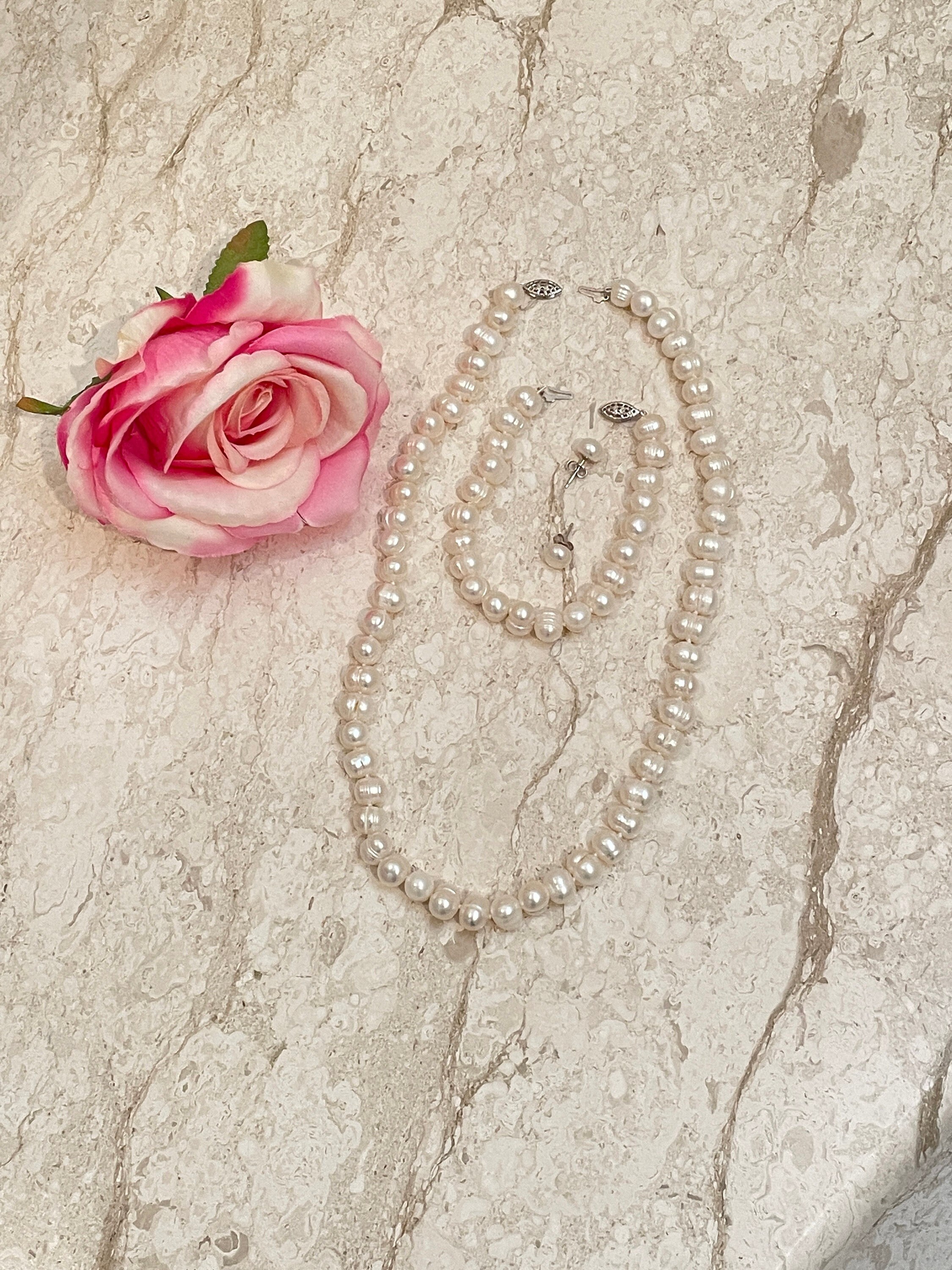 Natural Pearl Jewelry, Natural Pearl Necklace, Natural Pearl Bracelet, Natural Pearl Earrings,Anniversary Pearls, Gift for Mom, Birthday SET