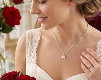 Collana con diamante quadrato in oro bianco massiccio 18 carati, ciondolo solitario con diamante, catena a corda, collana con diamante quadrato da 1,5 ct, ideale per anniversario e compleanno.