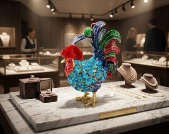 Vintage Londense blauwe topaas Fabergé ei haan sieraad uit 2010, perfect voor hanenliefhebbers, 16e verjaardag, 16e jubileum, afstuderen of Kerstmis.