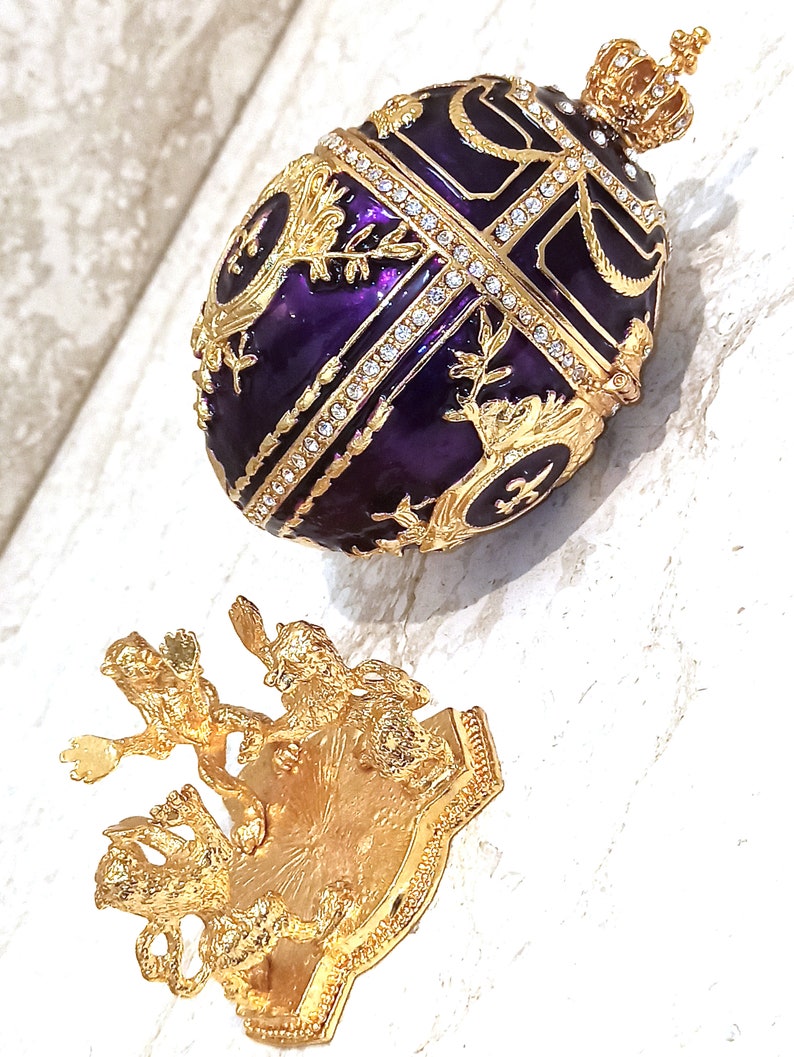 Royal Purple Fabergé Egg style 24KGOLD 4ct Collectors Egg Fabrege Jewelry Box Faberge Egg Trinket Box HAND Decorated with 200 Austrian Crys image 6
