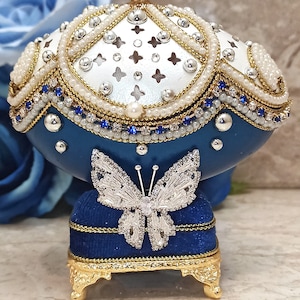 ONE of a kind Vintage SILVER Butterfly box FABERGE egg style + Silver Faberge Necklace + Bracelet + Earrings Austrian Crystal Handset Gift