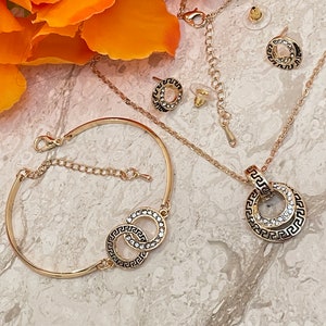 Greek Gold Jewelry SET, Greek Key Necklace, Meander Pendant, Greek Key Bracelet & Meander Earrings, Yellow Gold Jewelry, 86 CZ HANDSET