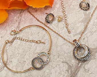 Juego de joyas de oro griego, collar de llave griega, colgante de meandro, pulsera de llave griega y pendientes de meandro, joyería de oro amarillo, 86 CZ HANDSET