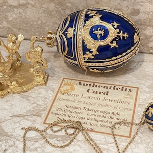 Sapphire Blue Faberge egg Pendant & Fabergé egg Decorative Boxes, Something Blue Wedding gift,24k Gold 200Austrian Crystal HANDSET Blue gift