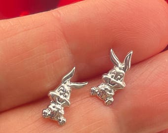 Solid 18K Gold Warner Brothers Bugs Bunny Stud Earrings Walt Disney-Vintage 2000 Handmade