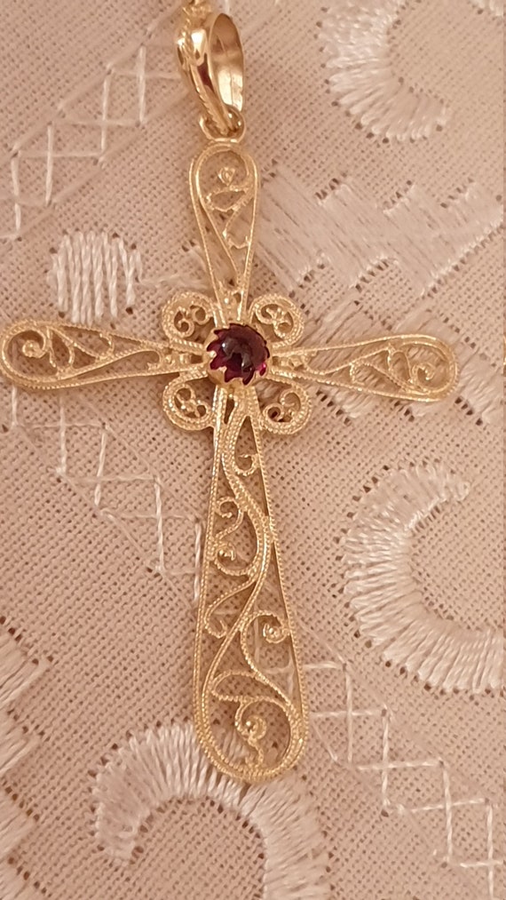 18kt Solid GOLD Garnet Cross Pendant Gift for Women filigree Gold