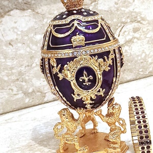 IMPERIAL White Faberge Egg style 24K Lion 4ct Faberge Trinket box 200 SWAROVSKI Diam & Bracelet 2ct/Faberge Egg Ornament Faberge Jewelry Box Royal Purple
