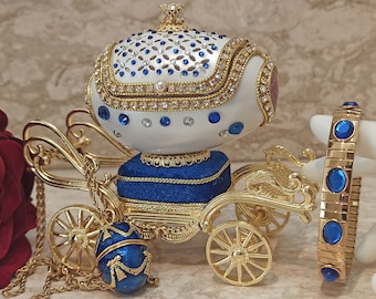 Faberge egg  Carriage Sapphire Jewelry box gift for Mom Mother wife NATURAL Egg Swarovski Sapphire Diamonds 24k Gold Bracelet & Necklace