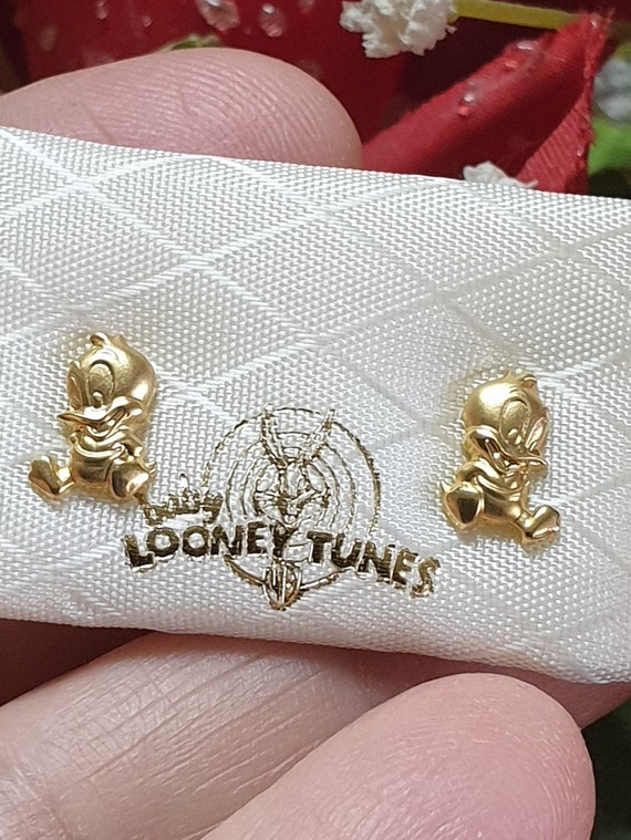 Solid 18k GOLD Earrings Donald duck gift Original Looney Tune/Girls earrings studs Gold Animal Warner Bros/Baptism gift girl Cartoon earring