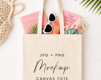 Makieta torby płóciennej, stylizacja na wakacje na plaży, makieta kobiecej torby plażowej (PNG+JPG)