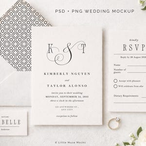 May include: A wedding stationery mockup featuring a cream-coloured invitation suite with a floral design. Includes an invitation, RSVP card, name card, and envelope. The invitation text reads "Kimberly Nguyen and Taylor Alonso". A diamond ring and flowers are also present.