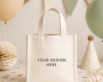 Small Square Tote Bag Mockup, Kids Party Favor Bag Mockup, Canvas Gift Bag Mockup, Blank Mini Tote Mockup