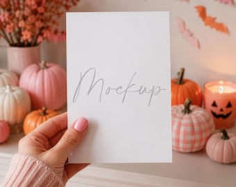 Mockup di biglietto di Halloween 5x7: Invito di Halloween rosa (Download digitale del file PSD/PNG)