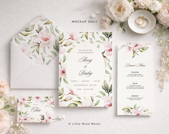 Wedding Suite Mockup: Blank Soft Pink Invitation Stationary Flat Lay (PSD & PNG)