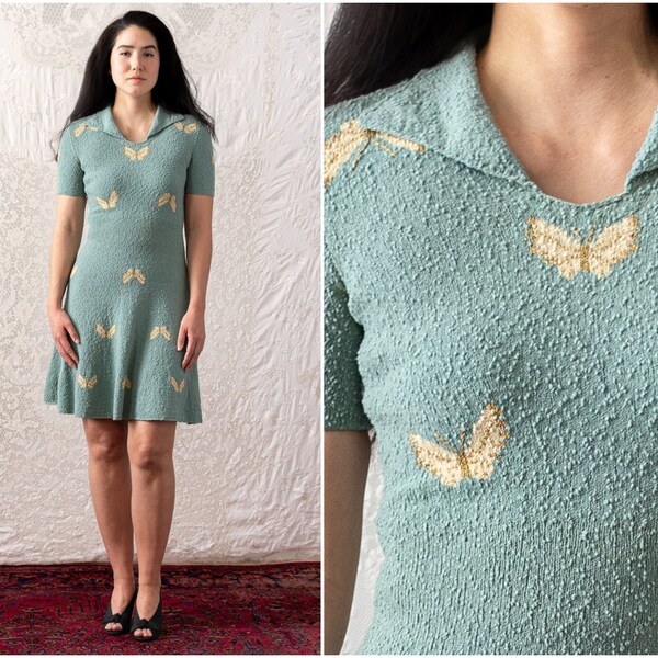 1950s Butterfly Intarsia Knit Boucle Dress / 50s Novelty Wool Knitwear Teal Green Blue Sweater Dress / 50's 1950's Knee Length Dress XS S